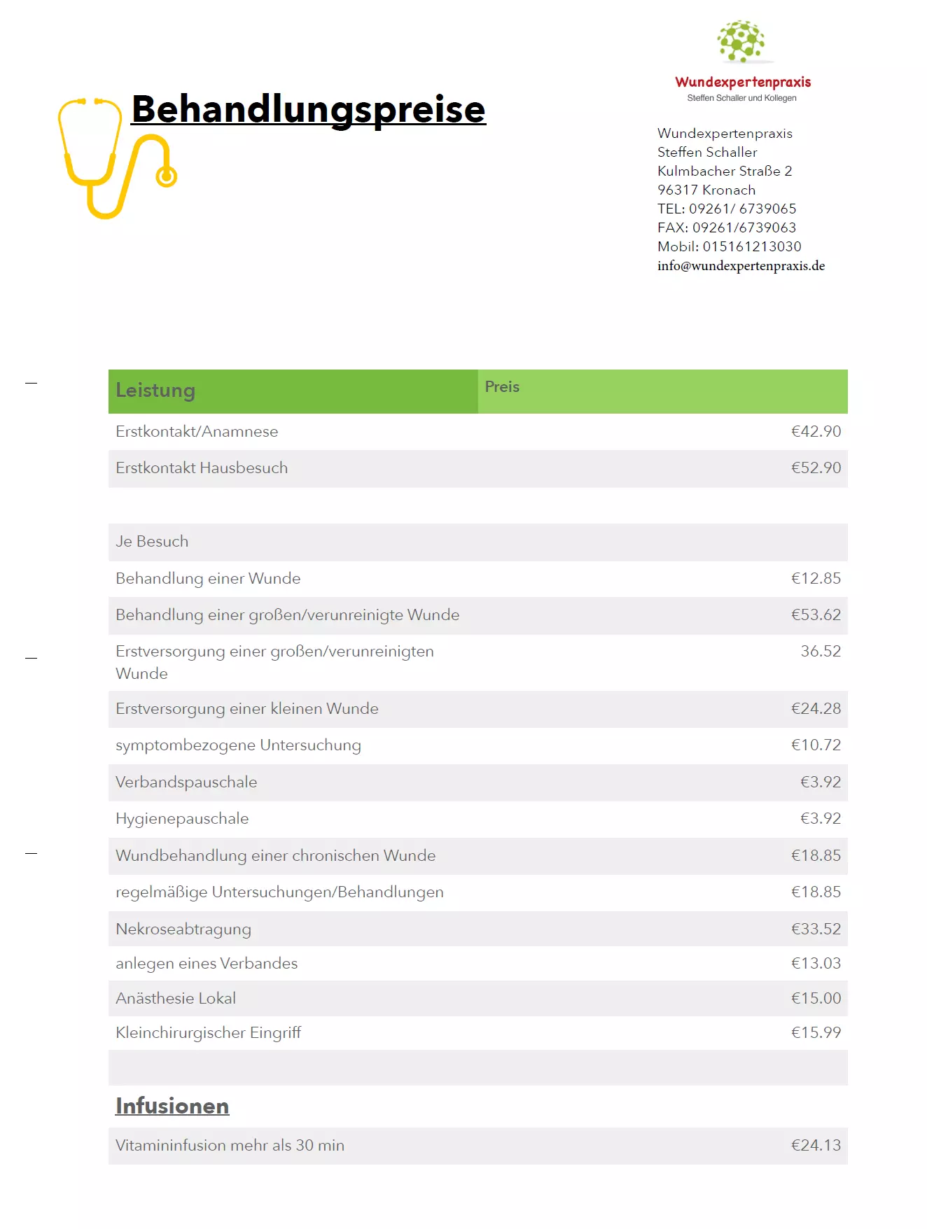 Behandlungspreise Wundexpertenpraxis Steffen Schaller für Kronach und Umgebung